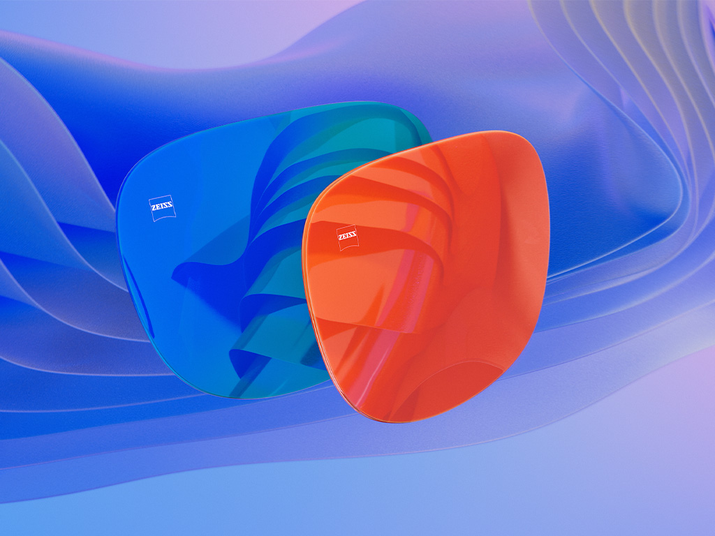 3 D CGI-illustration af to solbrilleglas med en blå og en orange spejl-coating.
